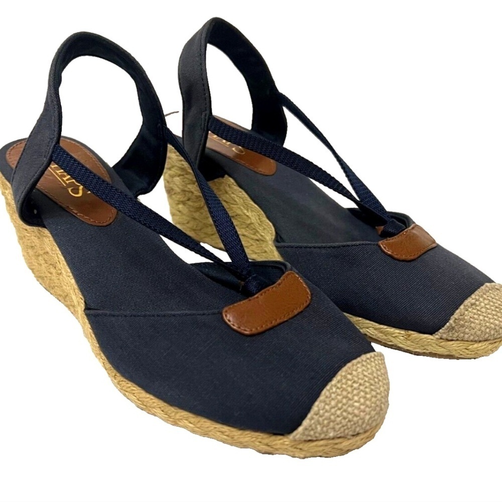 Chaps Clarissa Wedge Shoe Women's 8B Navy Blue Tan Denim Rope Platform Slingback